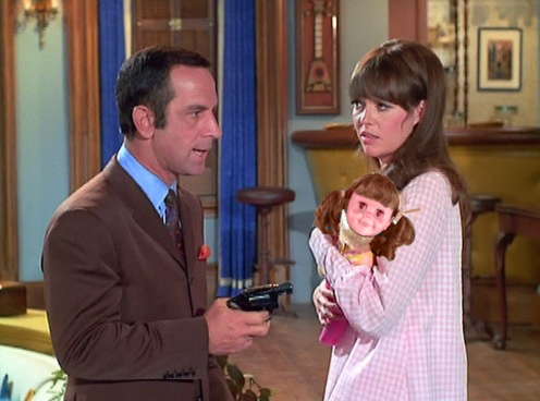 On the set of Get Smart, screen-testing for the role of baby Tina Smart, with Don Adams (Maxwell Smart, Agent 86) and the beautiful Barbara Feldon (Agent 99). 