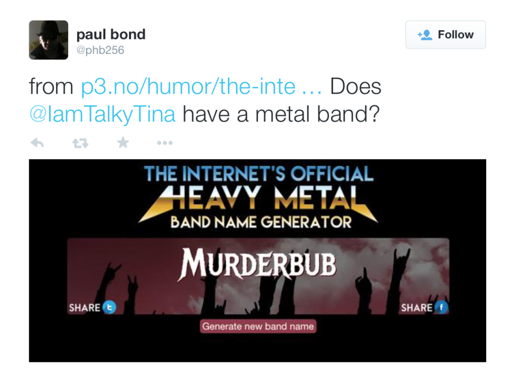 "Does Tina Have a Band?" said by @phb256 on Twitter. 